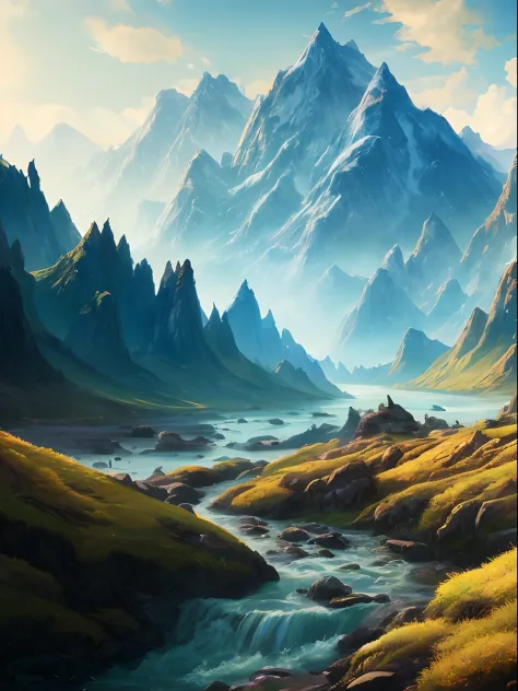 A painting of a mountain landscape with rivers and mountains, ross tran. scenery background, Landscape wallpaper, author：Sylvain Salair, most epic landscape, silvain sarrailh, concept-art. epic landscapes, inspired by sylvain sarrailh, Anime landscape, and...