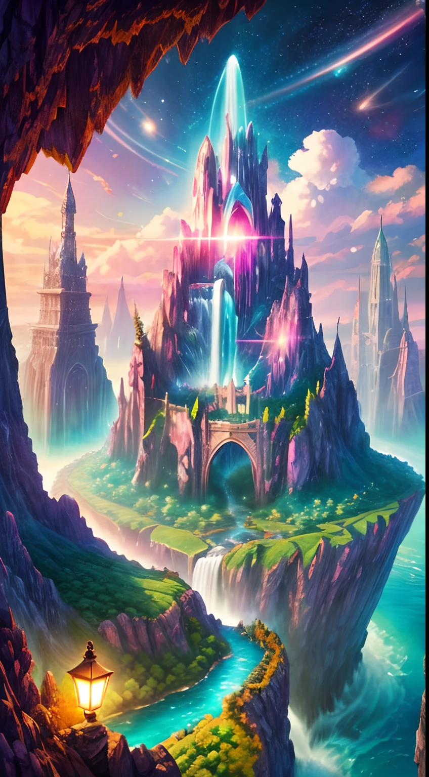 Envision a mesmerizing scene of a magnificent realm of romantic dreams. The environment is filled with intricate floating islands, fluffy clouds, waterfalls cascading from the floating islands, and a vibrant, surreal atmosphere. The atmosphere is filled with a sense of wonder and tranquility. Include many shades of pink in the image along with other vibrant jewel-toned hues. This scene will be depicted in an anime-style illustration, with soft lines, pastel colors, and a whimsical touch. All buildings are extremely detailed and elegant. The artwork will capture the ethereal beauty and tranquility of the dreamlike realm, creating a sense of harmony and escape from the ordinary world. Include teal water, colorful watercolor skies, glowing elements, and many small fantasy details including iridescence, expertly created majestic landscapes, and shimmer and glimmer. Above all else, this should look like a fantasy artwork.