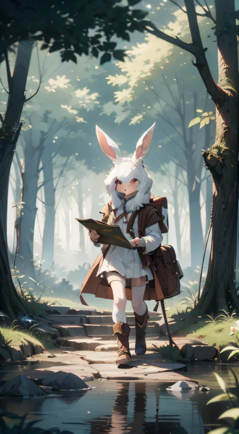 Classic negative portrait photo, fantasy video game character concept art, a cute white fluffy rabbit with a small brown leather...
