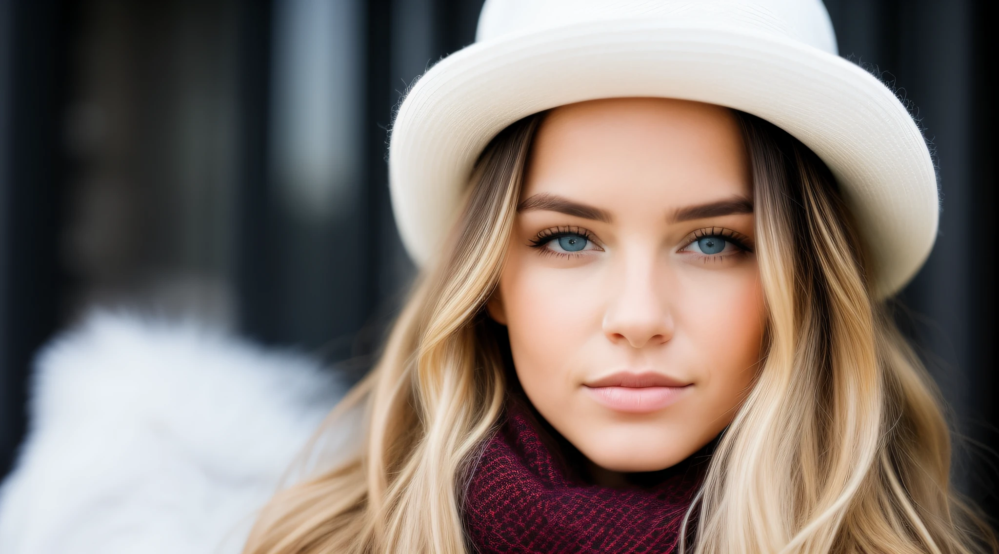 Fille blonde aux yeux bleus portant un chapeau blanc et une écharpe, lindo Beau, jolie fille, Beau Beau, longos cheveux blonds et grands yeux, cheveux blonds et grands yeux, peinture numérique adorable, longos cheveux blonds et grands yeux, princesse d'hiver, yeux bleus et cheveux blonds, de beaux yeux immenses,  Beau, cheveux blonds et yeux bleus, portrait d'une fille nordique