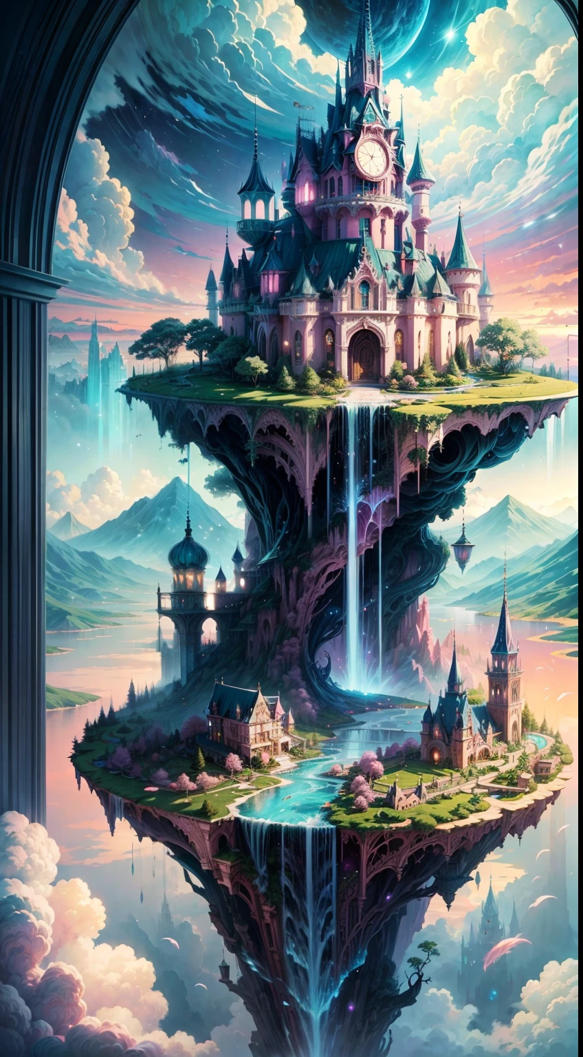 Envision a mesmerizing scene of a magnificent realm of romantic dreams. The environment is filled with intricate floating islands, fluffy clouds, waterfalls cascading from the floating islands, and a vibrant, surreal atmosphere. The atmosphere is filled with a sense of wonder and tranquility. Include many shades of pink in the image along with other vibrant jewel-toned hues. This scene will be depicted in an anime-style illustration, with soft lines, pastel colors, and a whimsical touch. All buildings are extremely detailed and elegant. The artwork will capture the ethereal beauty and tranquility of the dreamlike realm, creating a sense of harmony and escape from the ordinary world. Include teal water, colorful watercolor skies, glowing elements, and many small fantasy details including iridescence, expertly created majestic landscapes, and shimmer and glimmer. Above all else, this should look like a fantasy artwork.