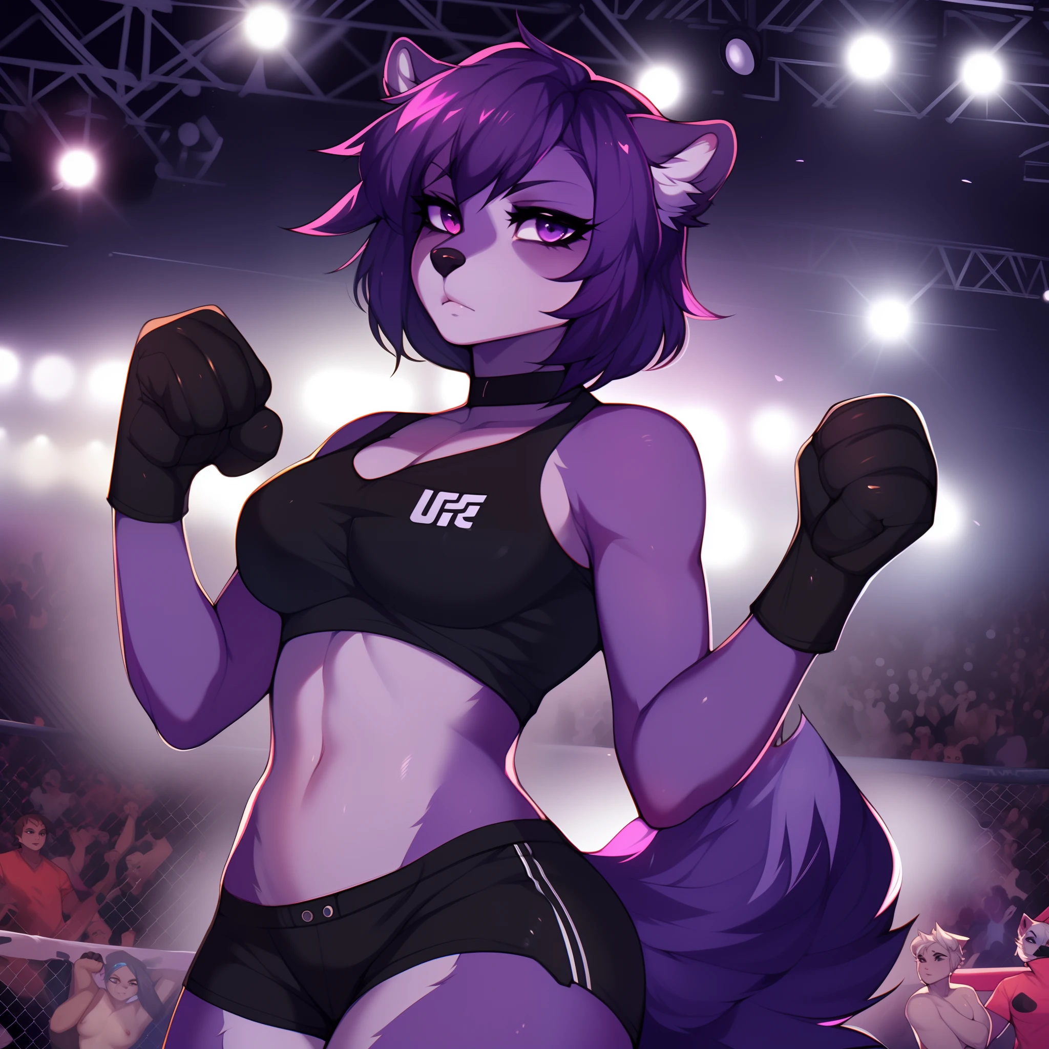 (By hyattlen, by fumiko, by claweddrip:1.2), solo, one girl, a purple anthro furry skunk girl, female, (purple fluffy body, light purple chest), black nose, (cute snout:1.1), purple skunk tail, dark purple hair, highly detailed, wearing black tank top, black ufc gloves, exposed fingers, black shorts, 4 toes, in a ufc ring, huge crowd, audience, standing, ready to fight, fists up, serious face, wearing ufc gloves,in a ufc arena,