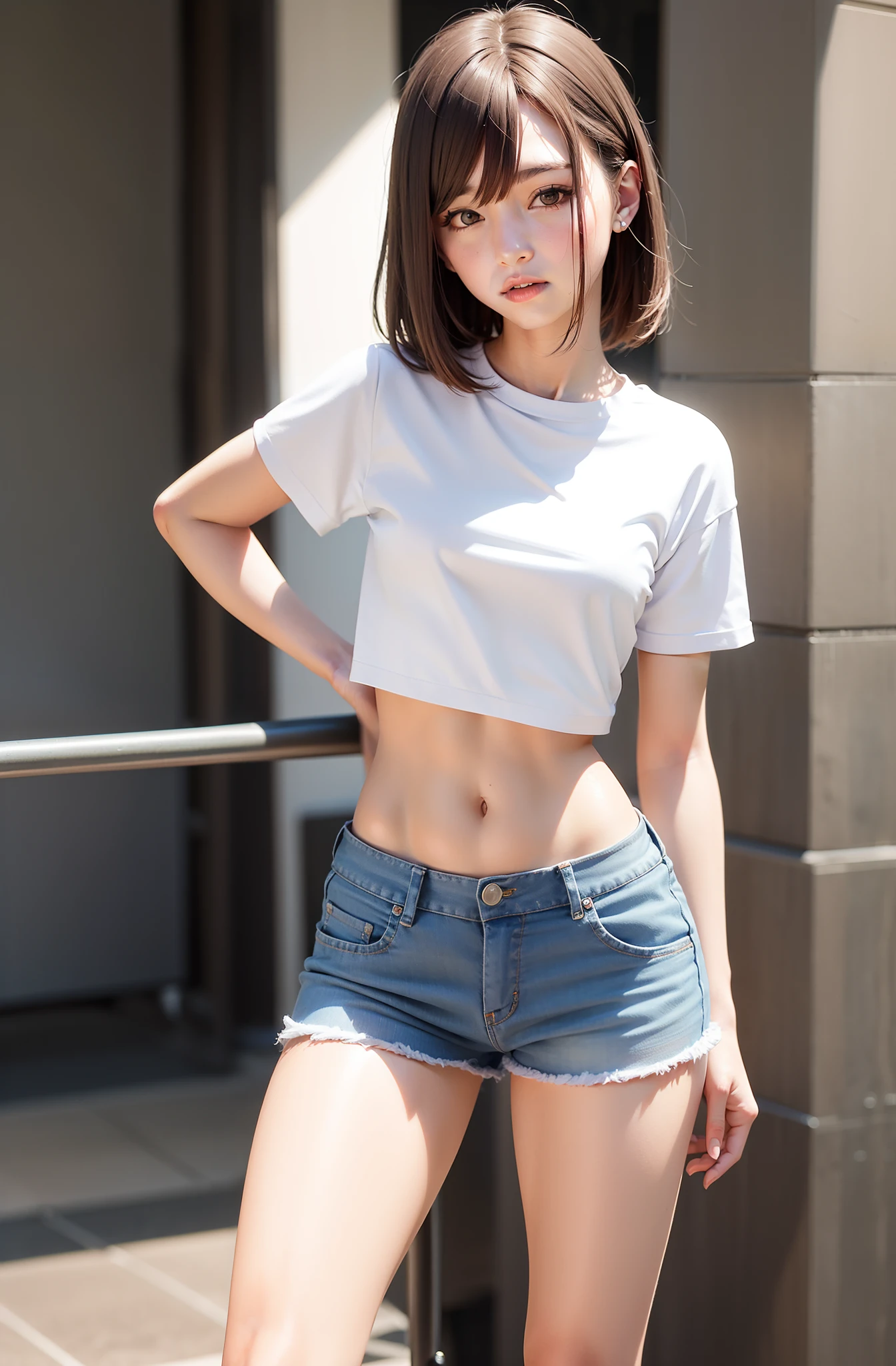 Best quality, full body portrait, delicate face, 18 year old girl, slim figure, small bust, white crop top T-shirt, waist pink denim skirt, gymnasium scene, standing tall