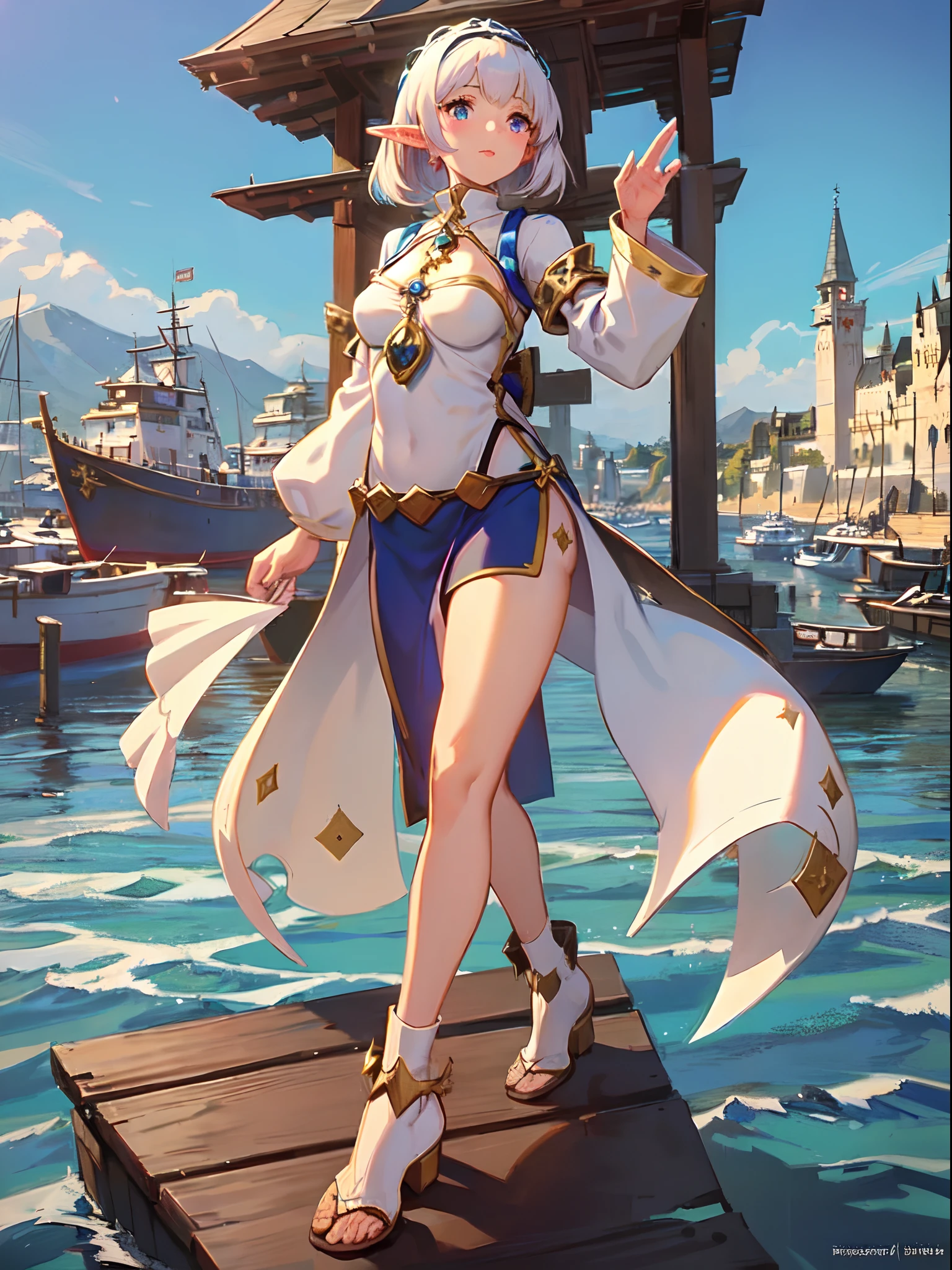 elf girl at the pier, (high fantasy, medieval:1.4), feudal society, lake town, waterfront, wooden boats,upper body, hands up