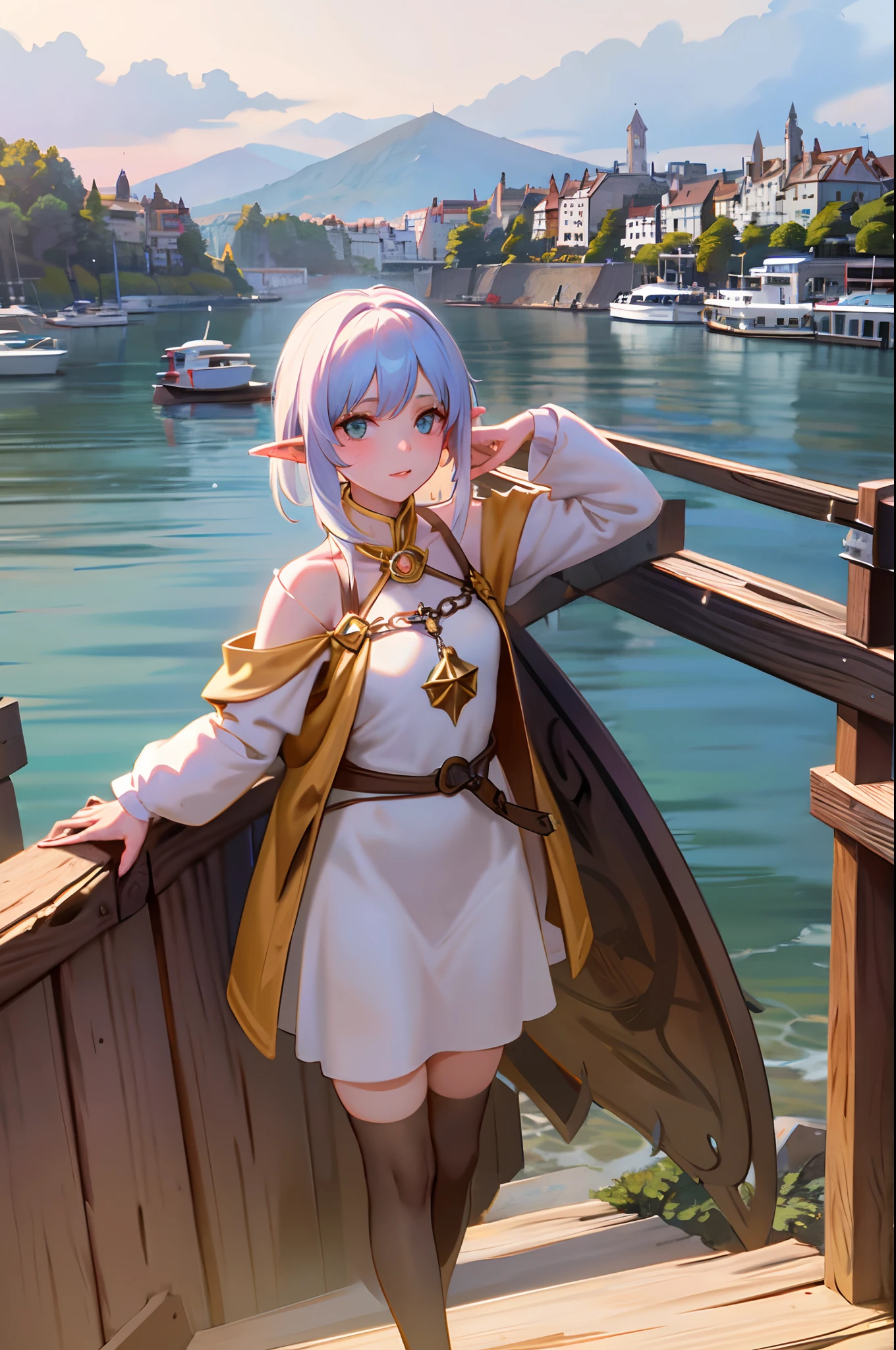 elf girl at the pier, (high fantasy, medieval:1.4), feudal society, lake town, waterfront, wooden boats, upper body, hands up