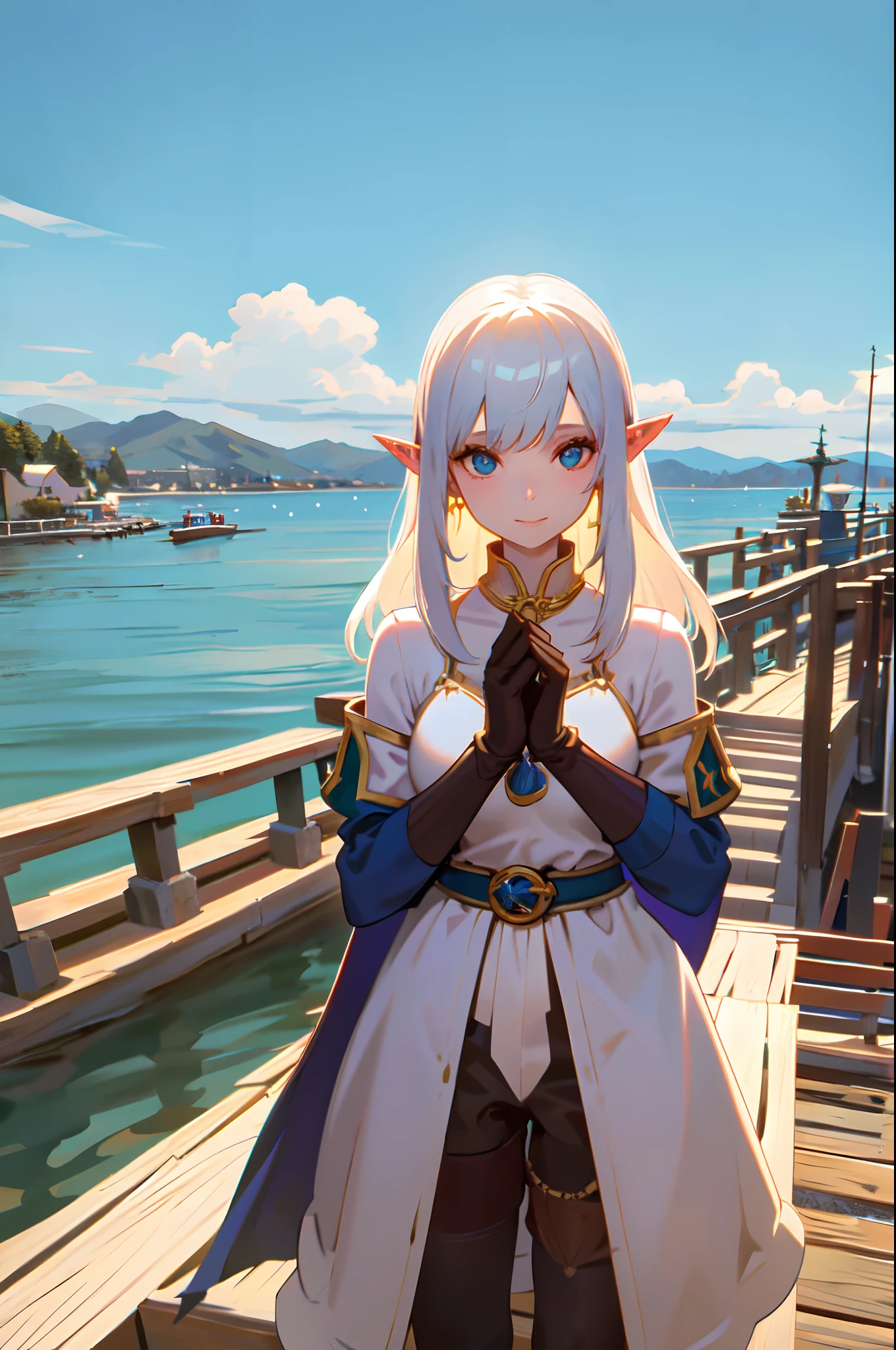 elf girl at the pier, (high fantasy, medieval:1.4), feudal society, lake town, waterfront, wooden boats, upper body, hands up