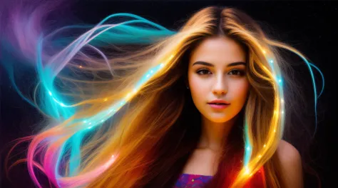 A closeup of a young woman with long hair and lights on her head, little girl with magical powers, painting digital adorable, Di...
