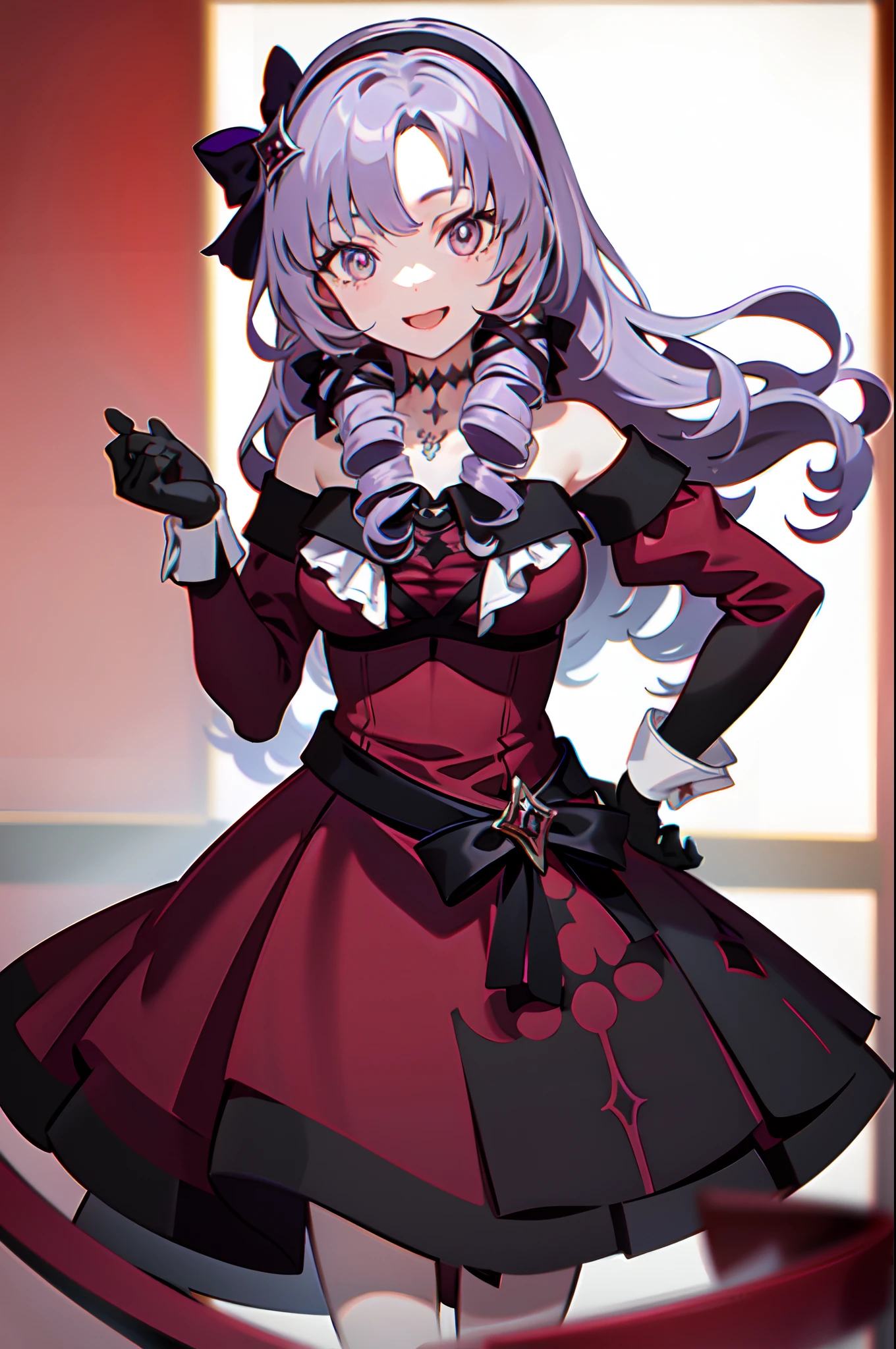 masterpiece, best quality, highres, hmsalome, drill hair, parted bangs, black hairband, ribbon, purple eyes, large breasts, tattoo, red dress, long sleeves, bare shoulders, black gloves, cowboy shot, ojou-sama pose, smile, open mouth, hand on own face,