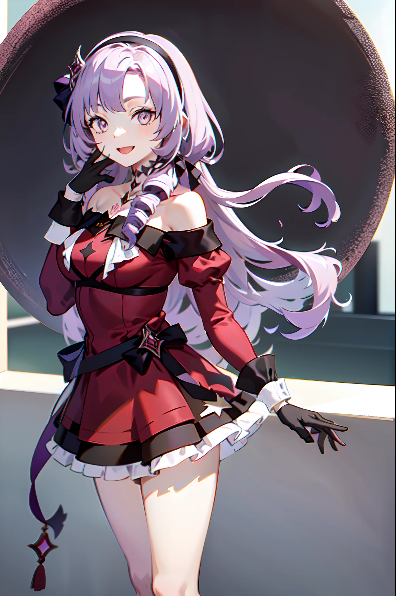 masterpiece, best quality, highres, hmsalome, drill hair, parted bangs, black hairband, ribbon, purple eyes, large breasts, tattoo, red dress, long sleeves, bare shoulders, black gloves, cowboy shot, ojou-sama pose, smile, open mouth, hand on own face,