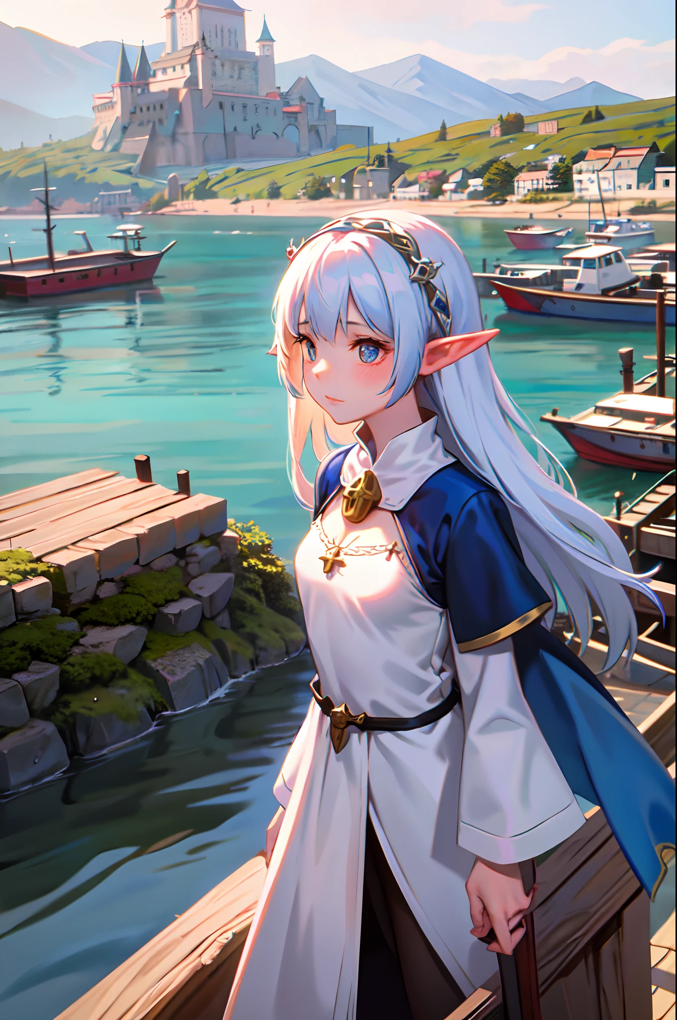 elf girl at the pier, (high fantasy, medieval:1.4), feudal society, lake town, waterfront, wooden boats, upper body, hands up