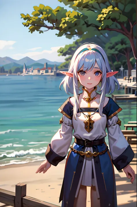 elf girl at the pier, (high fantasy, medieval:1.4), feudal society, lake town, waterfront, wooden boats, upper body, hands up