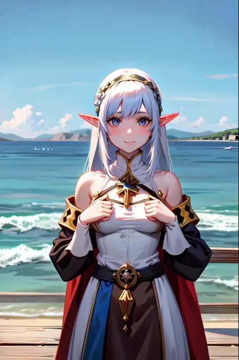 elf girl at the pier, (high fantasy, medieval:1.4), feudal society, lake town, waterfront, wooden boats, upper body, hands up