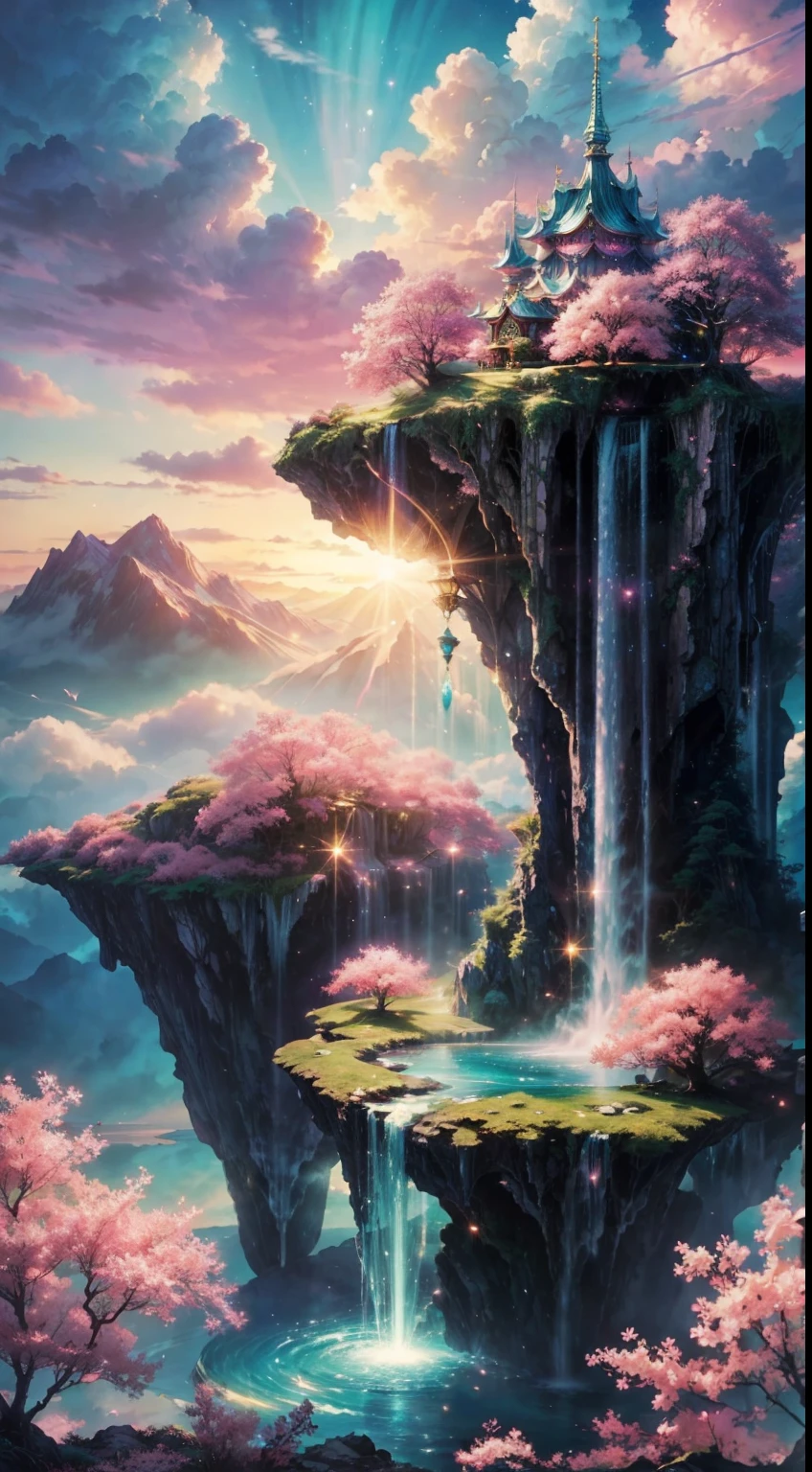 Envision a mesmerizing scene of a magnificent realm of romantic dreams. The environment is filled with intricate floating islands, fluffy clouds, waterfalls cascading from the floating islands, and a vibrant, surreal atmosphere. The atmosphere is filled with a sense of wonder and tranquility. Include many shades of pink in the image along with other vibrant jewel-toned hues. This scene will be depicted in an anime-style illustration, with soft lines, pastel colors, and a whimsical touch. All buildings are extremely detailed and elegant. The artwork will capture the ethereal beauty and tranquility of the dreamlike realm, creating a sense of harmony and escape from the ordinary world. Include teal water, colorful watercolor skies, glowing elements, and many small fantasy details including iridescence, expertly created majestic landscapes, and shimmer and glimmer. Above all else, this should look like a fantasy artwork. Include lots of vibrant color and vaguely surreal details.