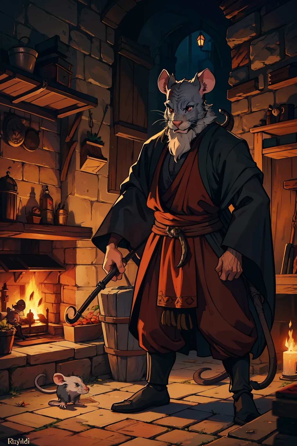 a rat man a fictional character for a medieval rpg an RPG illustration of a monk rat a rat man rat-faced man a man hairy black rat a hybrid The fusion of a mouse with a man's body