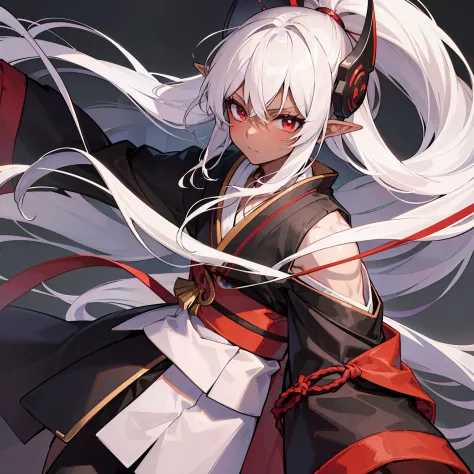 (1 boy), (teenager), (solo), white hair, messy hair, long hair, (dark skin), strong body, black kimono, red details in the black...