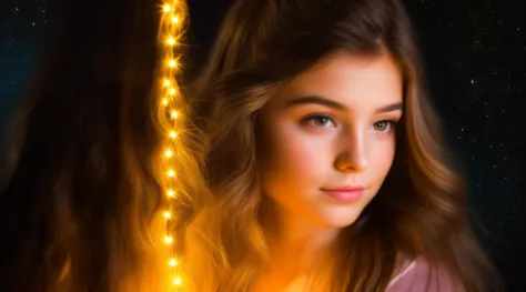 A closeup of a child with long hair and lights on his head, little girl with magical powers, painting digital adorable, Directed by: Hristofor Zhefarovich, portrait of magical young girl, glowing flowing hair, magic lighting overlays, menina bonita, luzes ...