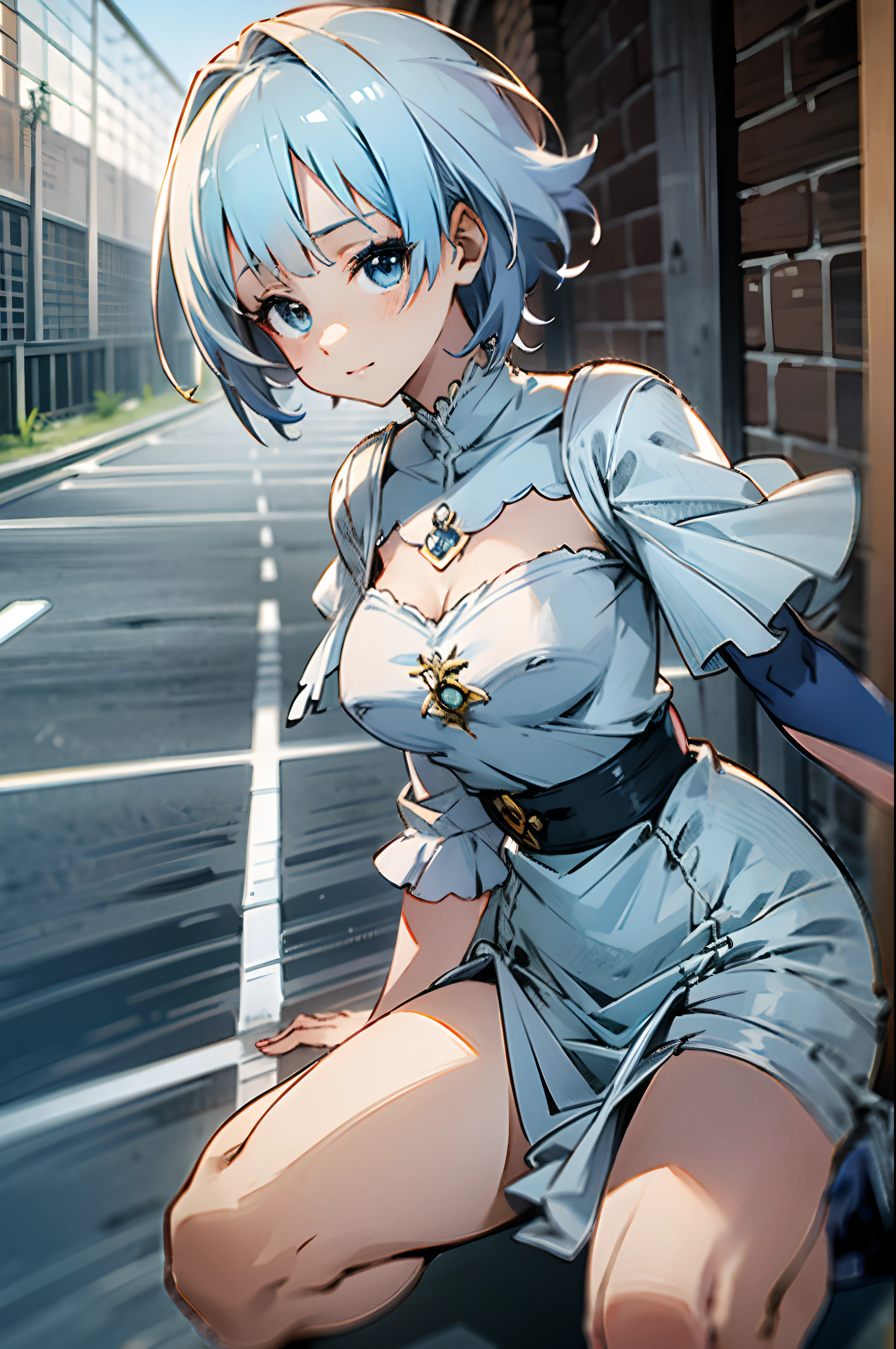 Anime girl with white short hair and blue eyes, wearing medieval white dress, stay on the road medieval, daybreak, perfect face, cute face, ultrasharp, 8k, masterpiece, full body