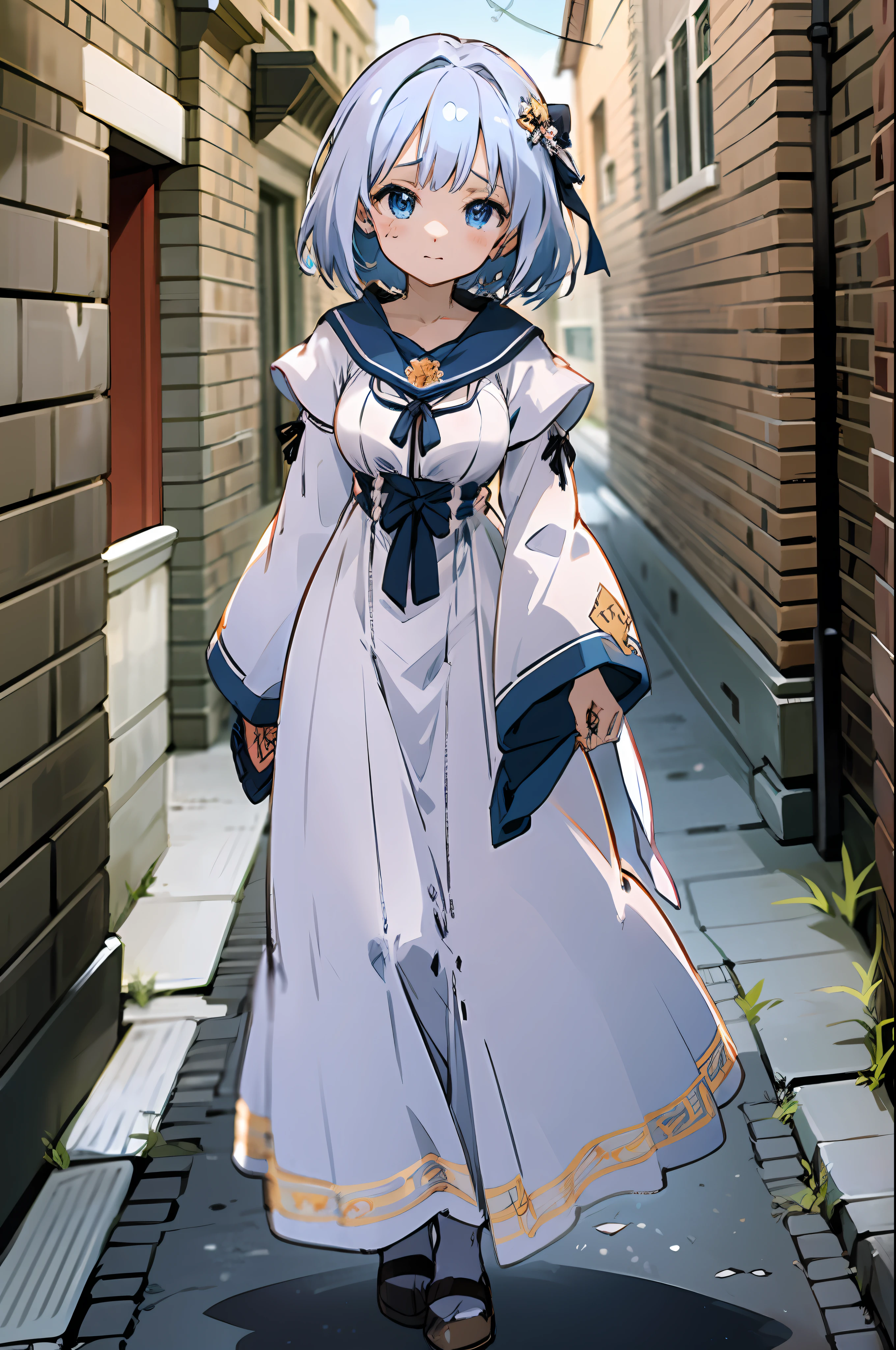 Anime girl with white short hair and blue eyes, wearing medieval white dress, stay on the road medieval city, old town, perfect face, cute face, ultrasharp, 8k, masterpiece, full body