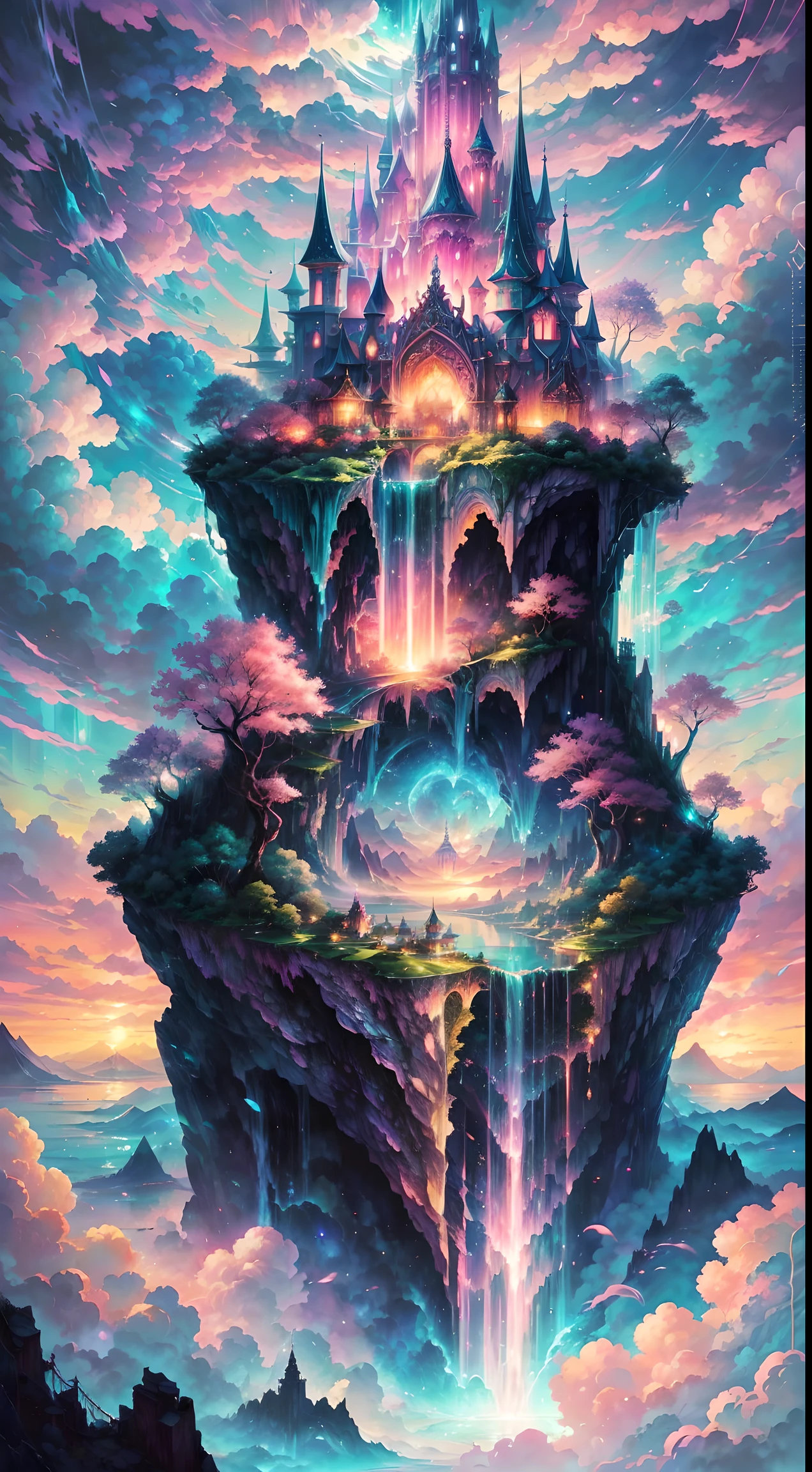 Envision a mesmerizing scene of a magnificent realm of romantic dreams. The environment is filled with intricate floating islands, fluffy clouds, waterfalls cascading from the floating islands, and a vibrant, surreal atmosphere. The atmosphere is filled with a sense of wonder and tranquility. Include many shades of pink in the image along with other vibrant jewel-toned hues. This scene will be depicted in an anime-style illustration, with soft lines, pastel colors, and a whimsical touch. All buildings are extremely detailed and elegant. The artwork will capture the ethereal beauty and tranquility of the dreamlike realm, creating a sense of harmony and escape from the ordinary world. Include teal water, colorful watercolor skies, glowing elements, and many small fantasy details including iridescence, expertly created majestic landscapes, and shimmer and glimmer. Above all else, this should look like a fantasy artwork.