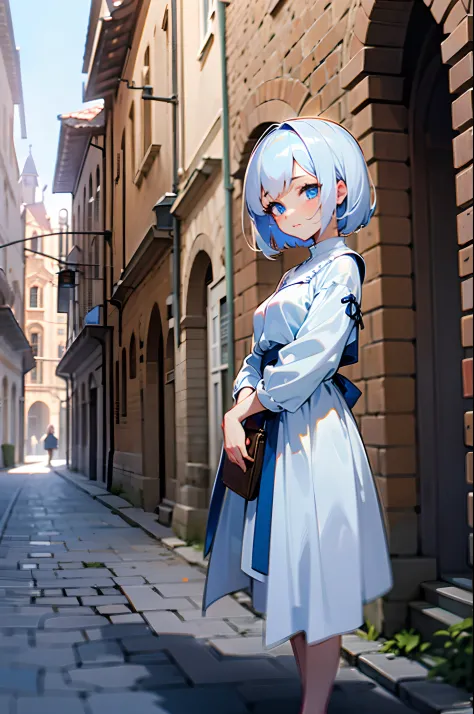 anime girl with white short hair and blue eyes, wearing medieval white dress, stay on the road medieval city, old town, perfect ...