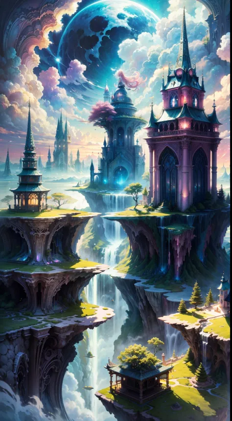 Envision a mesmerizing scene of a magnificent realm of romantic dreams. The environment is filled with intricate floating islands, fluffy clouds, waterfalls cascading from the floating islands, and a vibrant, surreal atmosphere. The atmosphere is filled wi...