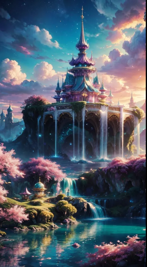 Envision a mesmerizing scene of a magnificent realm of romantic dreams. The environment is filled with intricate floating islands, fluffy clouds, waterfalls cascading from the floating islands, and a vibrant, surreal atmosphere. The atmosphere is filled wi...