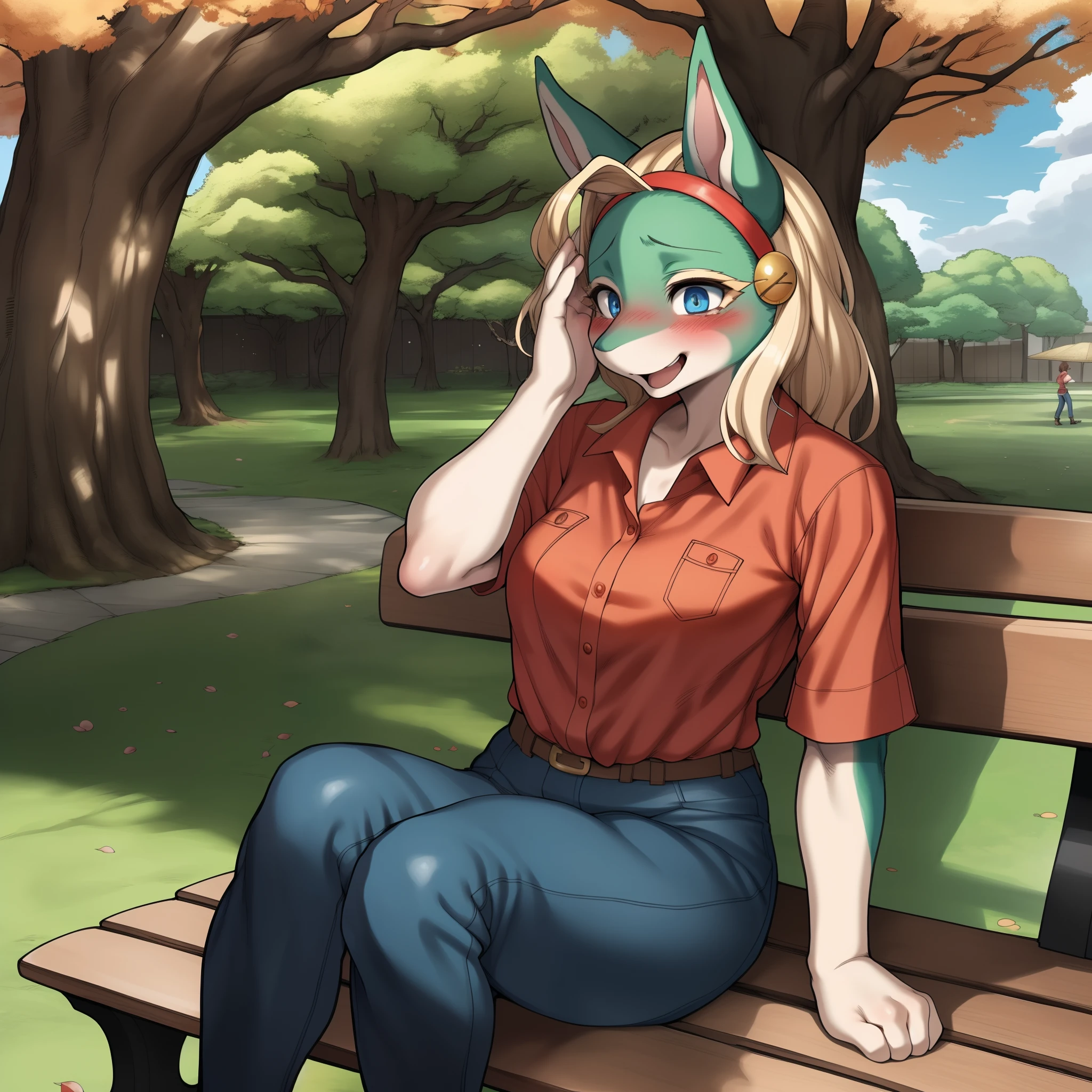 Ippan_josei, by gudlmok99, by sleepiness18, by kikurage, solo, blushing, (wearing_red_button_up_shirt:1.2), Blue skinny jeans, blue eyes, good anatomy, white and red boots, in a Japanese lotus blossom park, sitting on a bench, tall woman, bashful, shy, flirty, romanced, romantic body language, laughing, happy, solo, one hand on face