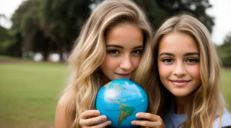 Blonde girl holding a globe in her hands in a park, menina loira bonita, menina jovem bonito, uma menina com cabelo loiro, Rapar...