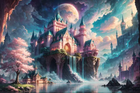Envision a mesmerizing scene of a magnificent realm of romantic dreams. The environment is filled with intricate floating islands, fluffy clouds, waterfalls cascading from the floating islands, and a vibrant, surreal atmosphere. The atmosphere is filled wi...