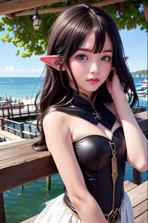 elf girl at the pier, (high fantasy, medieval:1.4), feudal society, lake town, waterfront, wooden boats, upper body, close up to...