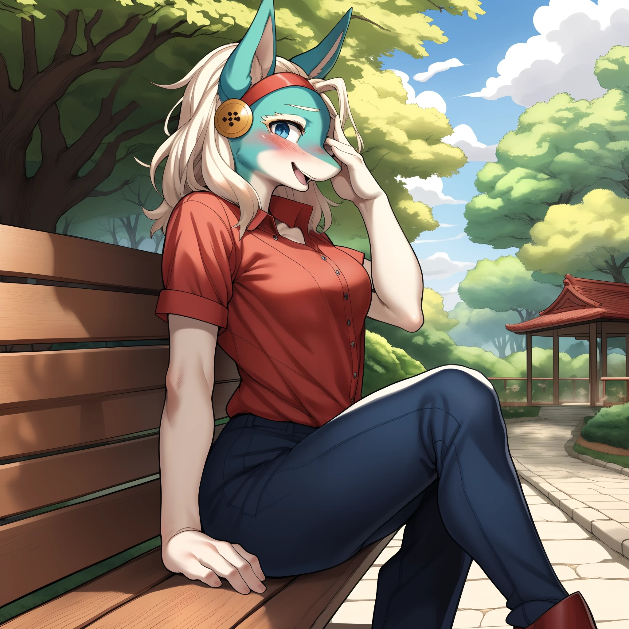 Ippan_josei, by gudlmok99, by sleepiness18, by kikurage, solo, blushing, (wearing_red_button_up_shirt:1.2), Blue skinny jeans, blue eyes, good anatomy, white and red boots, in a Japanese lotus blossom park, sitting on a bench, tall woman, bashful, shy, flirty, romanced, romantic body language, laughing, happy, solo, one hand on face looking at viewer, side view