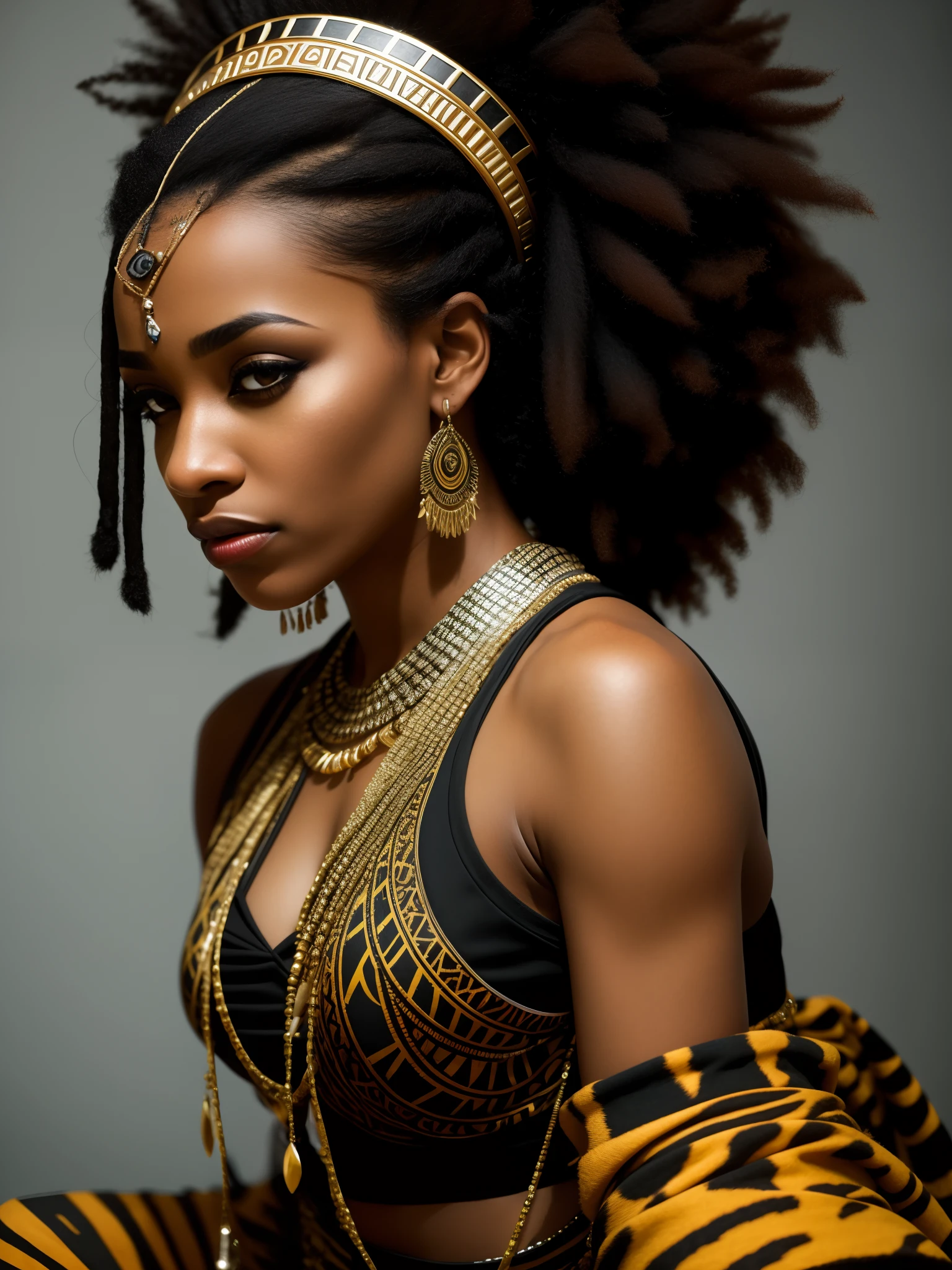 foto de corpo inteiro premiada de,Mulher Araffe com dreads e roupa com estampa de tigre, stunning africano princess, black africano princess, africano princess, young mulher negra, africano queen, young mulher negra, photo of a mulher negra, africano woman, young africano american, africano american woman, linda mulher, photo of a linda mulher, beleza tradicional, africano, mulher negra, kemético,  , foco nitído, realista photo, pele detalhada, fundo desfocado, composição cinematográfica, ultra-detalhado, realista, hyper-realista, iluminação volumétrica, 8K, composição cinematográfica