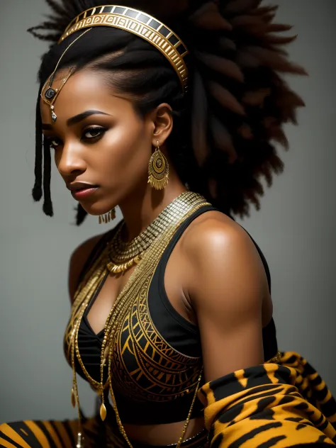 award-winning full body photo of,Araffe woman with dreads and a tiger print outfit, stunning african princess, black african pri...