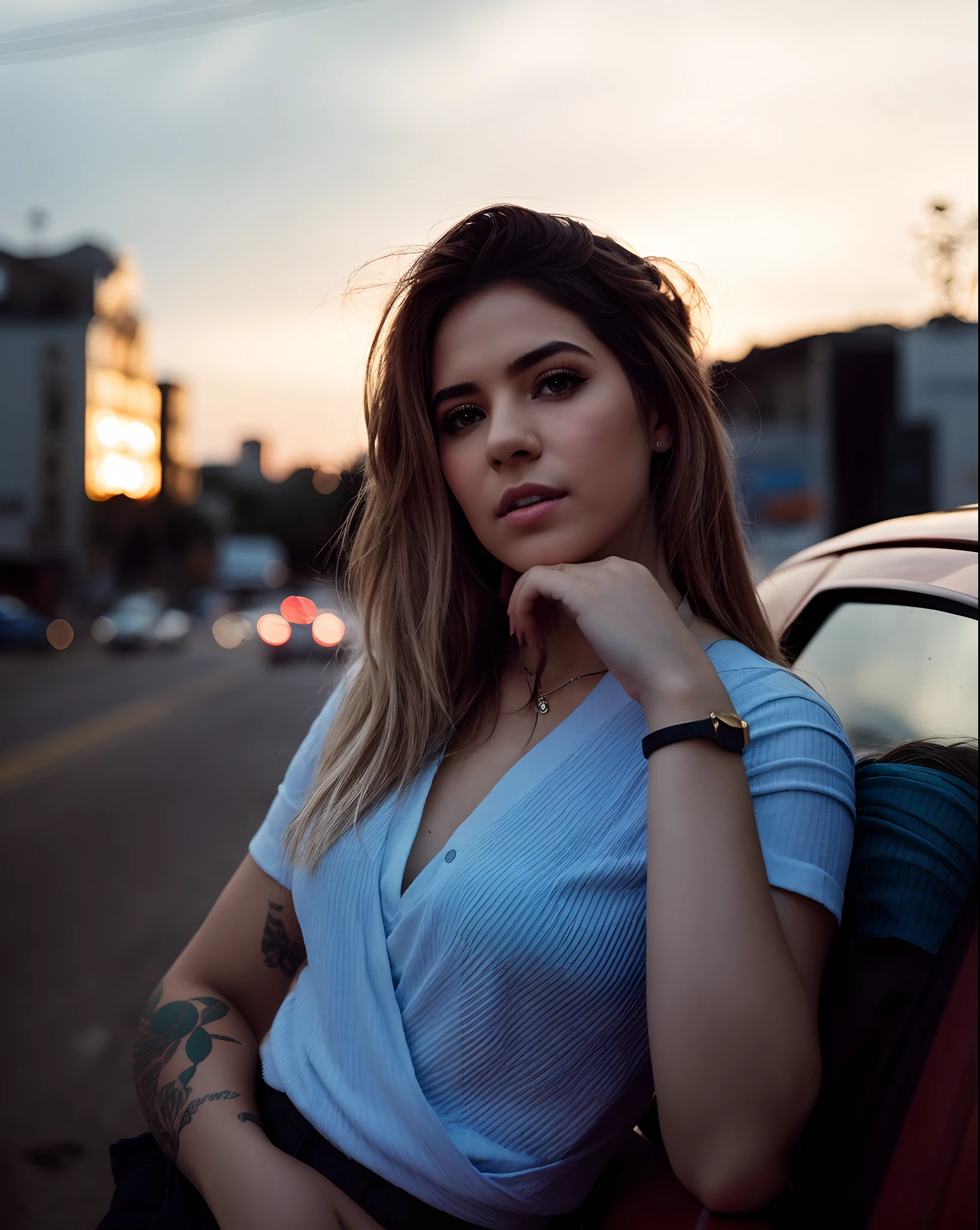 mulher arafed sentada em um banco no meio de uma cidade, inspirado em Elsa Bleda, Tiro na Hora de Ouro, Retrato no meio da foto, Retrato de 50mm, Tiro na Canon EOS R5, Tiro na Canon EOS R 5, Retrato de 60mm, Tiro com Sony Alpha, Tiro em Canon 50mm F/1.2, retratos de carros