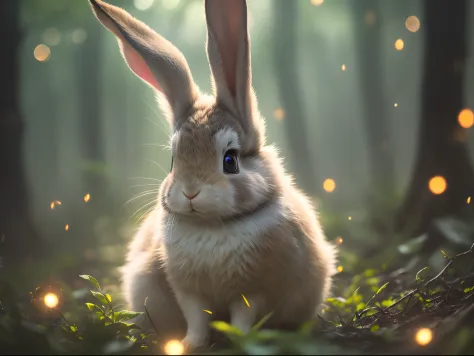 Close up photo of a rabbit in enchanted forest, late night, in the forest, backlight, fireflies, volumetric fog, halo, bloom, dr...