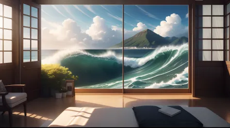 masterpiece, best quality, high quality, extremely detailed CG wallpaper unit with big waves 8k, bedroom, interiors, sky, cloud,...