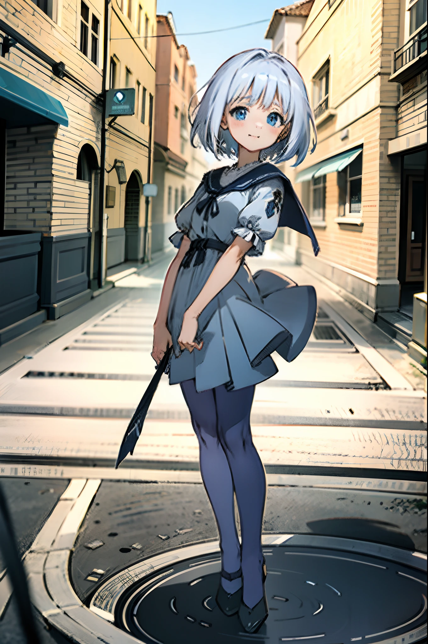 Anime girl with white short hair and blue eyes, wearing short medieval white dress, stay on the road medieval city, old town, perfect face, cute face, ultrasharp, 8k, masterpiece, full body, seductive girl,