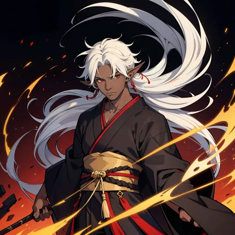 (1 boy), (teenager), (solo), white hair, messy hair, long hair, (dark skin), strong body, black kimono, red details in the black...