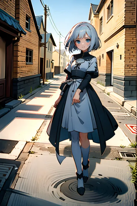 anime girl with white short hair and blue eyes, wearing short medieval white dress, stay on the road medieval city, old town, me...