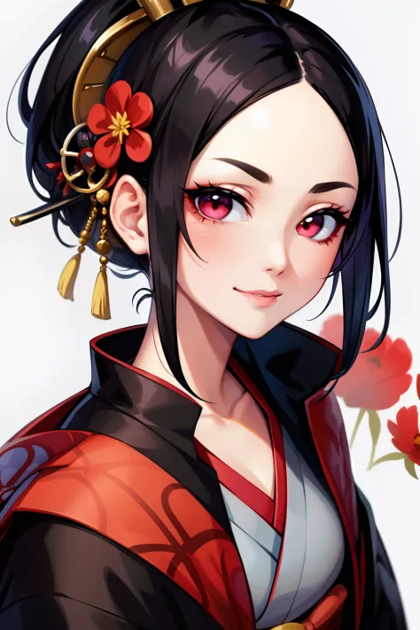 Masterpiece, best quality, high quality, closeup, solo anime portrait, female, 1girl, Geisha wears a layer of white face powder, with a red or pink accent color applied to the lips and eyes. The eyes are emphasized with black or brown eyeliner and mascara,...