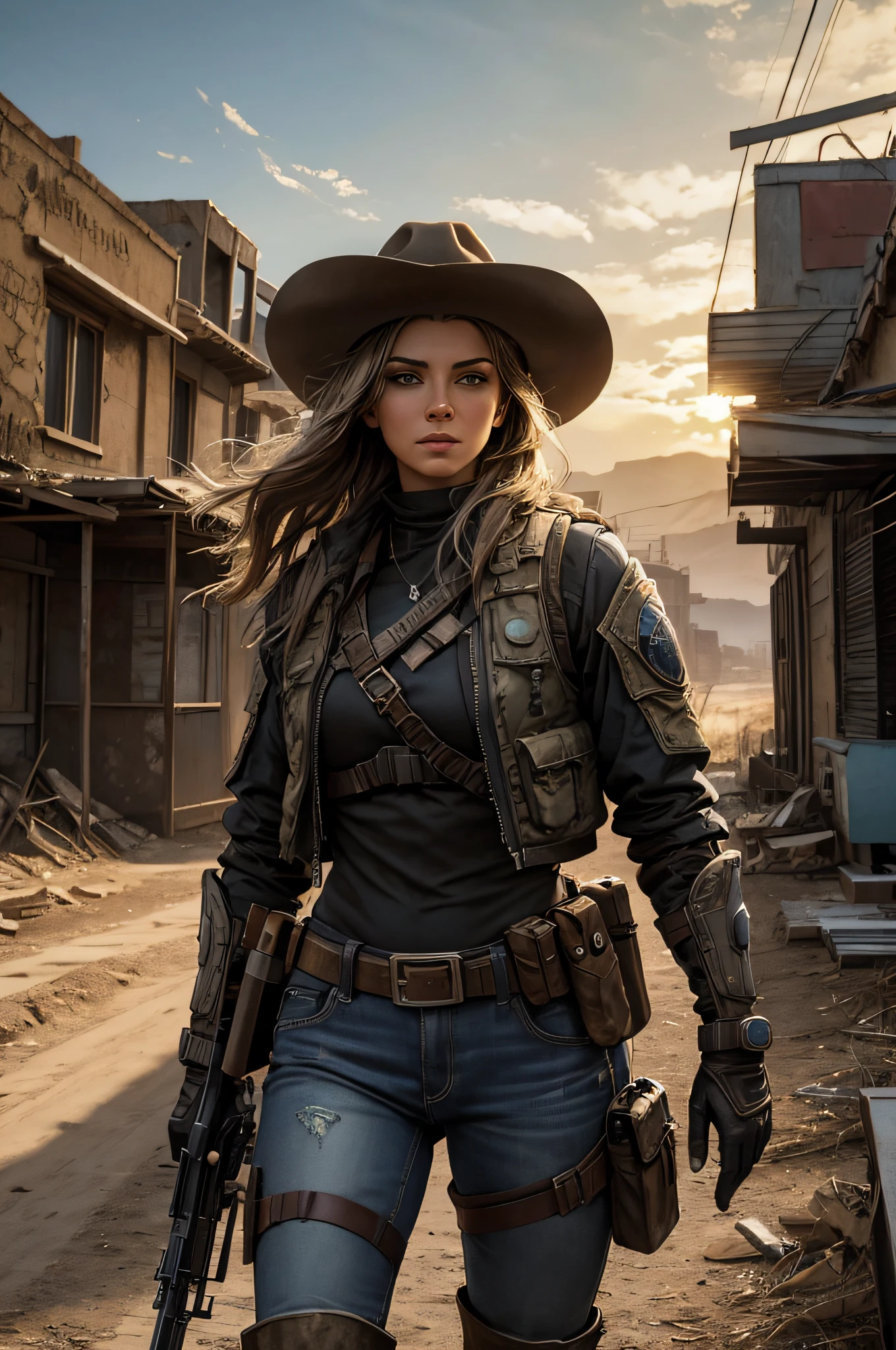 Create a cinematic, filmic image ((best quality)), ((masterpiece)), ((realistic)) of [post nuclear town] in [fallout style], with [detailed linework], [dynamic shading], and [rich colors]. Show [young caucasian woman] [Desert Ranger] named [AnjelikaV2:1.5] and her [full body], with [expressive facial features] and [fluid body movements], and close attention paid to [costume design] and [background details]. The art style should capture the [post-apocalyptic setting] of the image.
Create an [ultra-realistic], [high-resolution] image of [soldier] [mercenary] [exploring] [american] [desolated city] before the [storm], with the [hot summer sun] still shining brightly in the sky, but in the distance, the sky is a [dark and foreboding shade of blue], hinting at an impending storm. [Tumbleweeds] rolling in the distance.
Her face is covered in [dust] with windswept hair cascading [loosely]. Her eyes with [black eyeliner] and [smokey eye shadow] have long, full eyelashes that add to her feminine charm. She wears a [bandolier], [uzipped] [rugged black leather armor] showing her [cleavage] and [tactical vest:1.2], [old jeans] accentuating her [slim body] and [black wide-brimmed cowboy hat] with metal [texas ranger star], [knee pads] and [short leather boots] that provide both style and function and [holding weapon], [holding gun], [assault rifle:1.2].
Aim for a [photorealistic] portrayal that captures the [essence] of her character, with [intricate details] that capture every nuance of her form. The overall mood of the image should be [post nuclear], [post-apocalyptic], with a sense of [melancholy], [loneliness], and [desolation], showing the complete scene with her [full body]  >