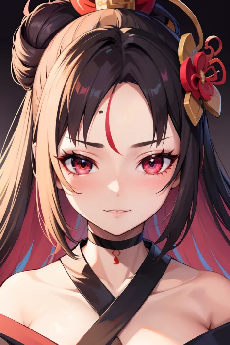 Masterpiece, best quality, high quality, closeup, solo anime portrait, female, 1girl, Geisha wears a layer of white face powder, with a red or pink accent color applied to the lips and eyes. The eyes are emphasized with black or brown eyeliner and mascara,...