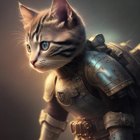 kitten in the armor of the future, (dark shot:1.17), epic realistic, faded, ((neutral colors)), art, (hdr:1.5), (muted colors:1.2), hyperdetailed, (artstation:1.5), cinematic, warm lights, dramatic light, (intricate details:1.1), complex background, (rutko...