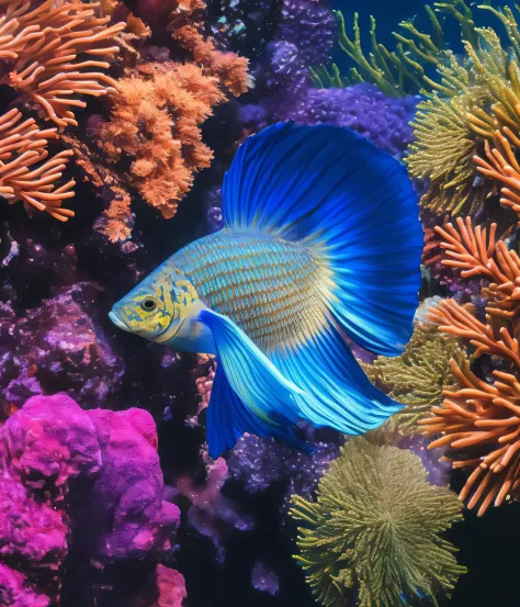 a realistically detailed portrait of a beautiful giant colorful betta fish swimming in the water near a coral reef, perfect arti...