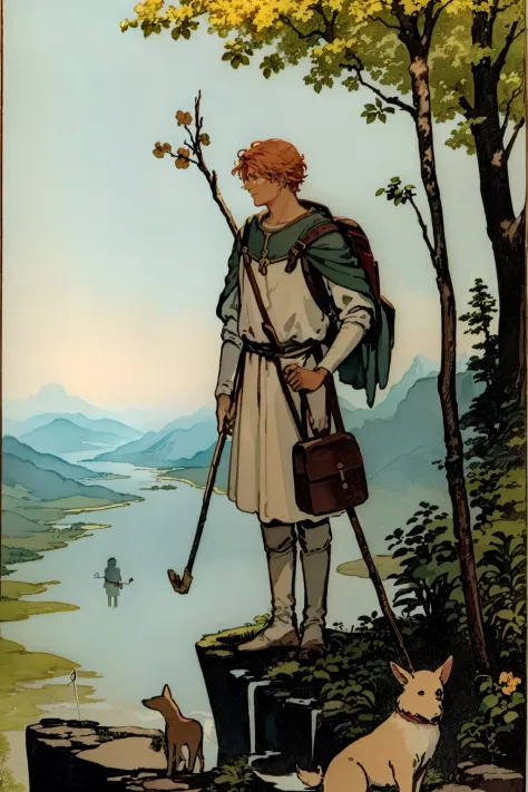 a watercolor painting of "The Fool" tarot card. The man, holding a bindle and stick, stands with his dog near a cliff's edge, gazing into the horizon. His bag hangs from his shoulder. Colors are vibrant yet soothing. Expressions: Playfully intrigued. Light...