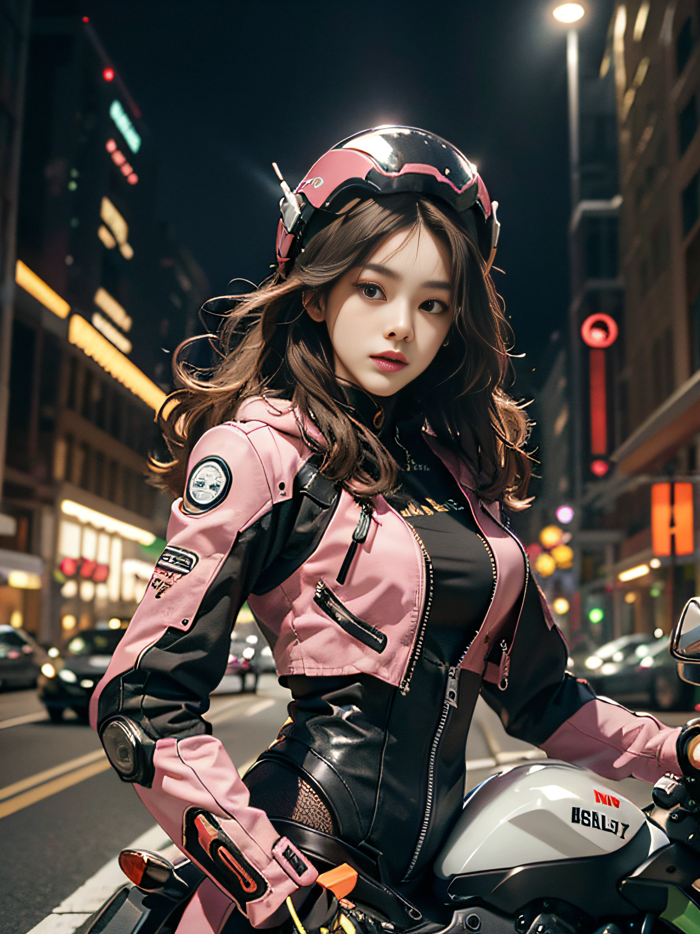 Highest image quality，Outstanding details，Ultra-high resolution，（Fidelity：1.4），The best illustration，Favor the details，Highly cohesive 1girl，He has a delicate and beautiful face，Dressed in pink mechs，wearing a mech helmet，Hold the direction controller，Ride a Kawasaki Versys-X 300 ABS twin-cylinder motorcycle，The background is a high-tech lighting scene in the future city。