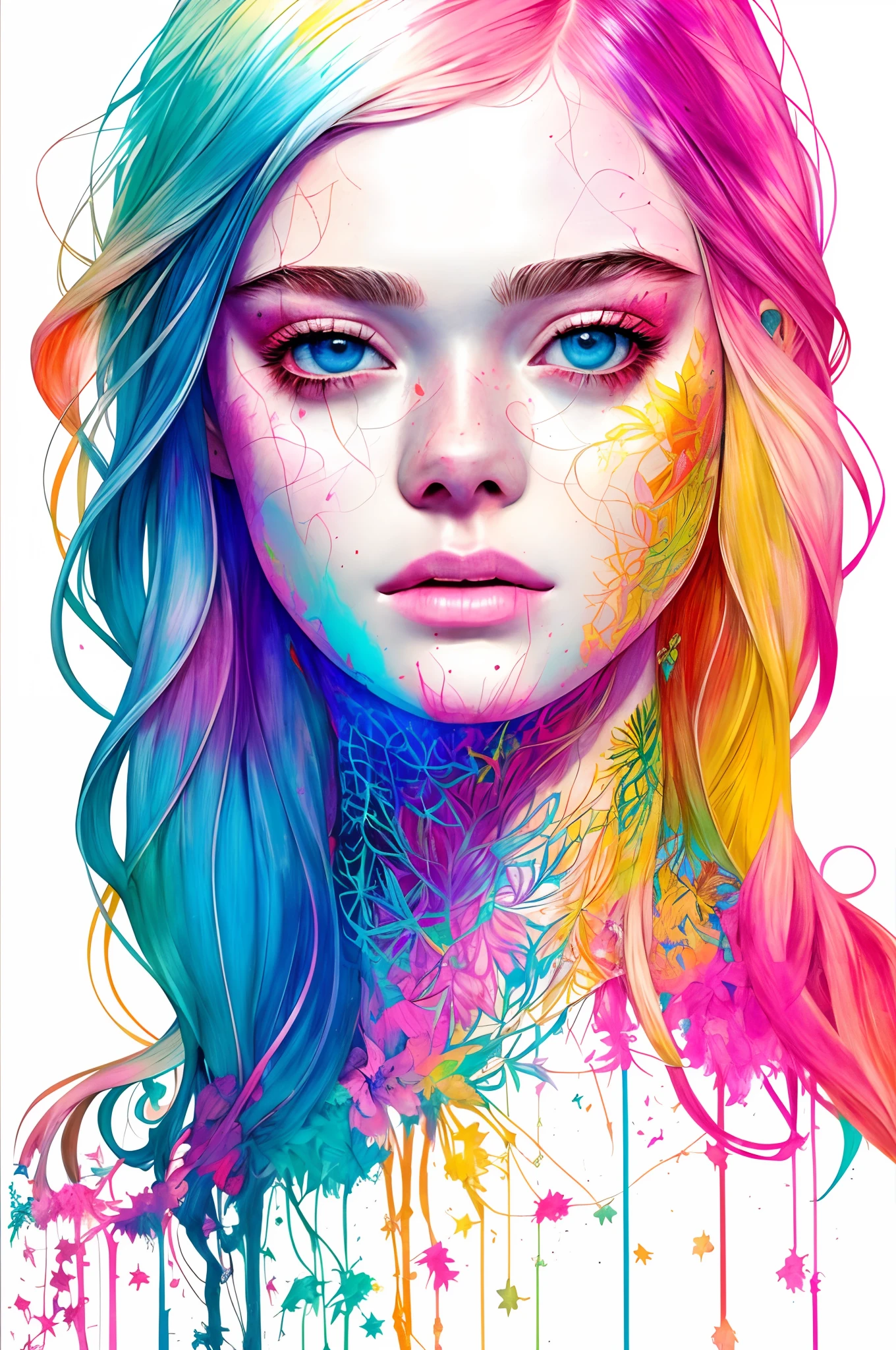 Elle Fanning, centrada, visual clave, intrincada, altamente detallada, Belleza impresionante, Lineart preciso, Vibrant and complete cinematics, Carne Griffiths, Conrad Roset, (the most beautiful portrait in the world: 1.5)