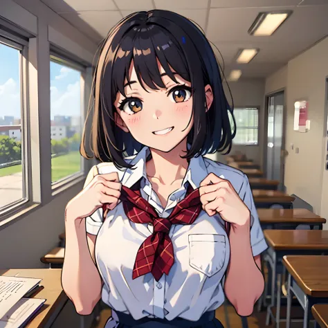 Little sister, cute bra, 8K, best quality, 14 years old, looking at camera, red cheeks, school uniform, embarrassed, delicate hands, at home, love brother, black hair, bob hair, show off breasts, take off clothes and show off breasts, chest protruding pose...