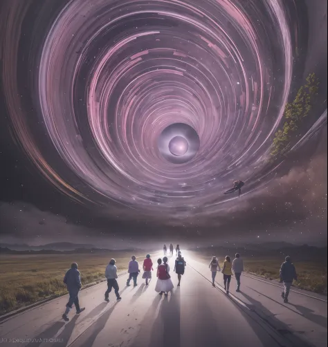 Digital art of a group of people walking on a road with a purple swirl, surreal collage, collage style joseba elorza, tunnels lead to different worlds, portal to another universe, vortex portal banish the elders, portal to another dimension, interstellar i...