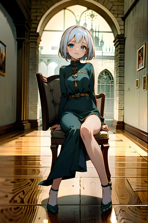 Anime girl with white short hair and blue eyes, wearing short black dress, sitting on the chair, medieval tavern, old town, medi...